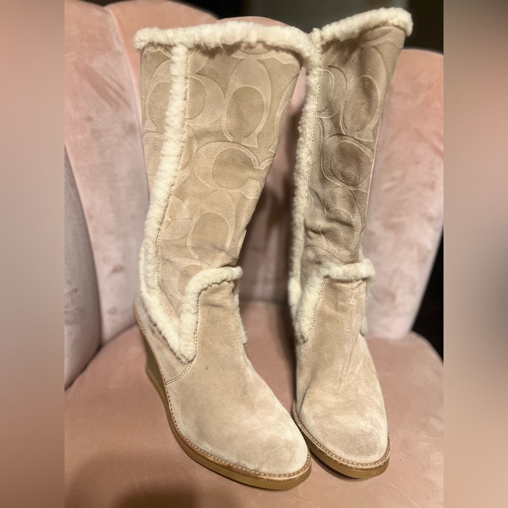 Coach Beige Heeled Boots with Shearling Trim - Picture 9 of 13